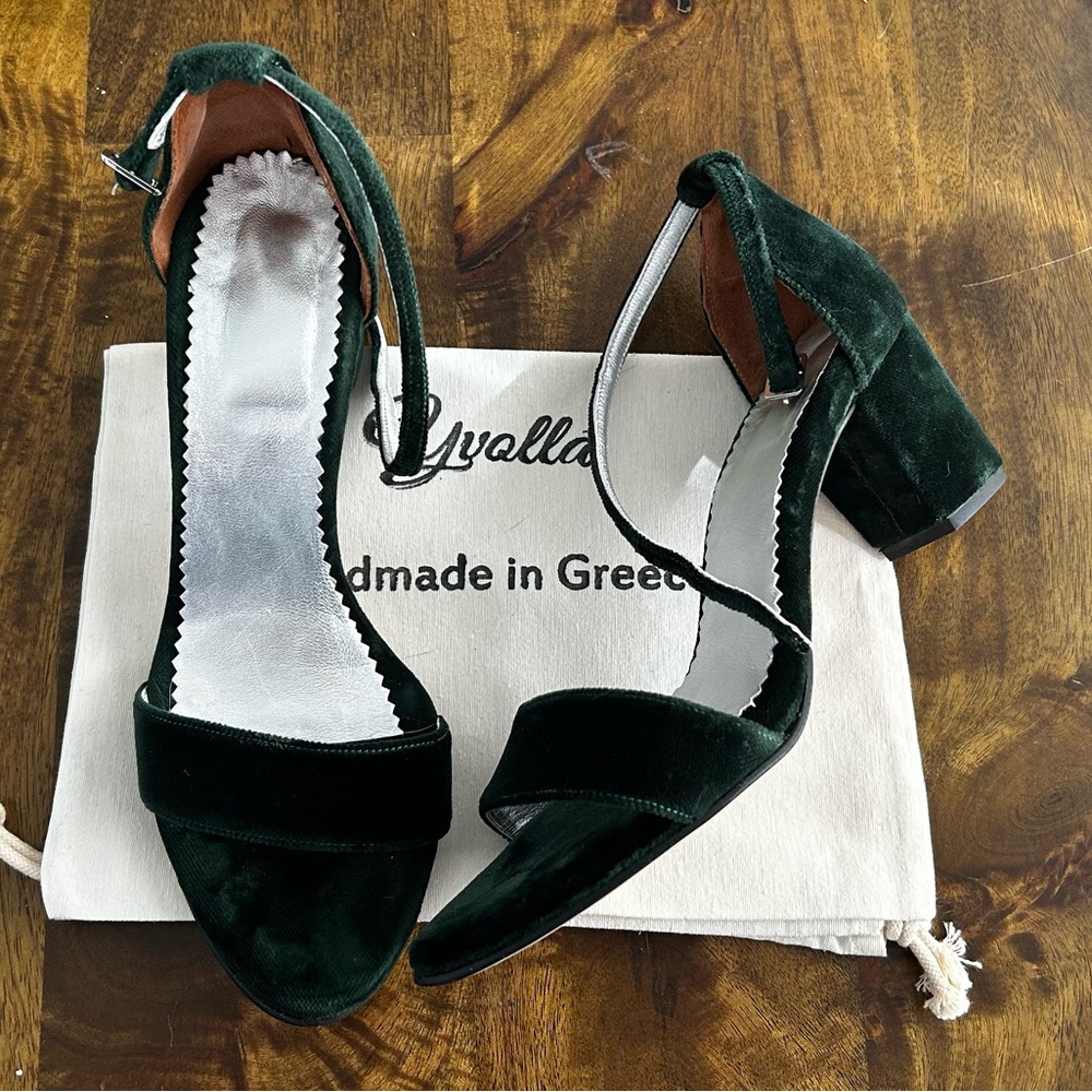 Handmade Green Velvet Block Heel Sandals